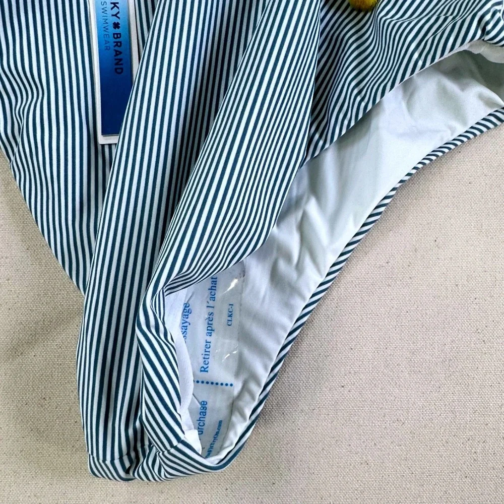 Lucky Brand Women Blue White Striped Embroidered V-Neck One Piece Swimsuit S NEW